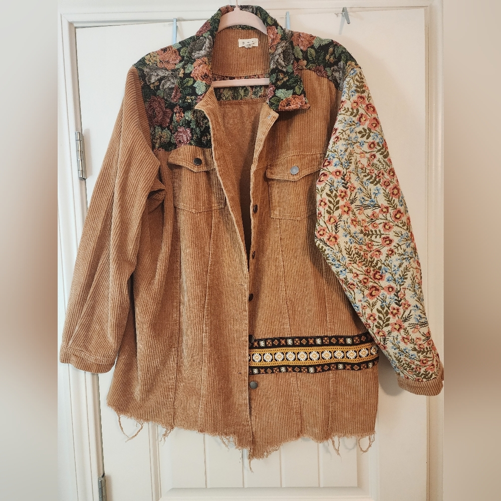 Pol Corduroy Patchwork Jacket in Tan with Floral Accents